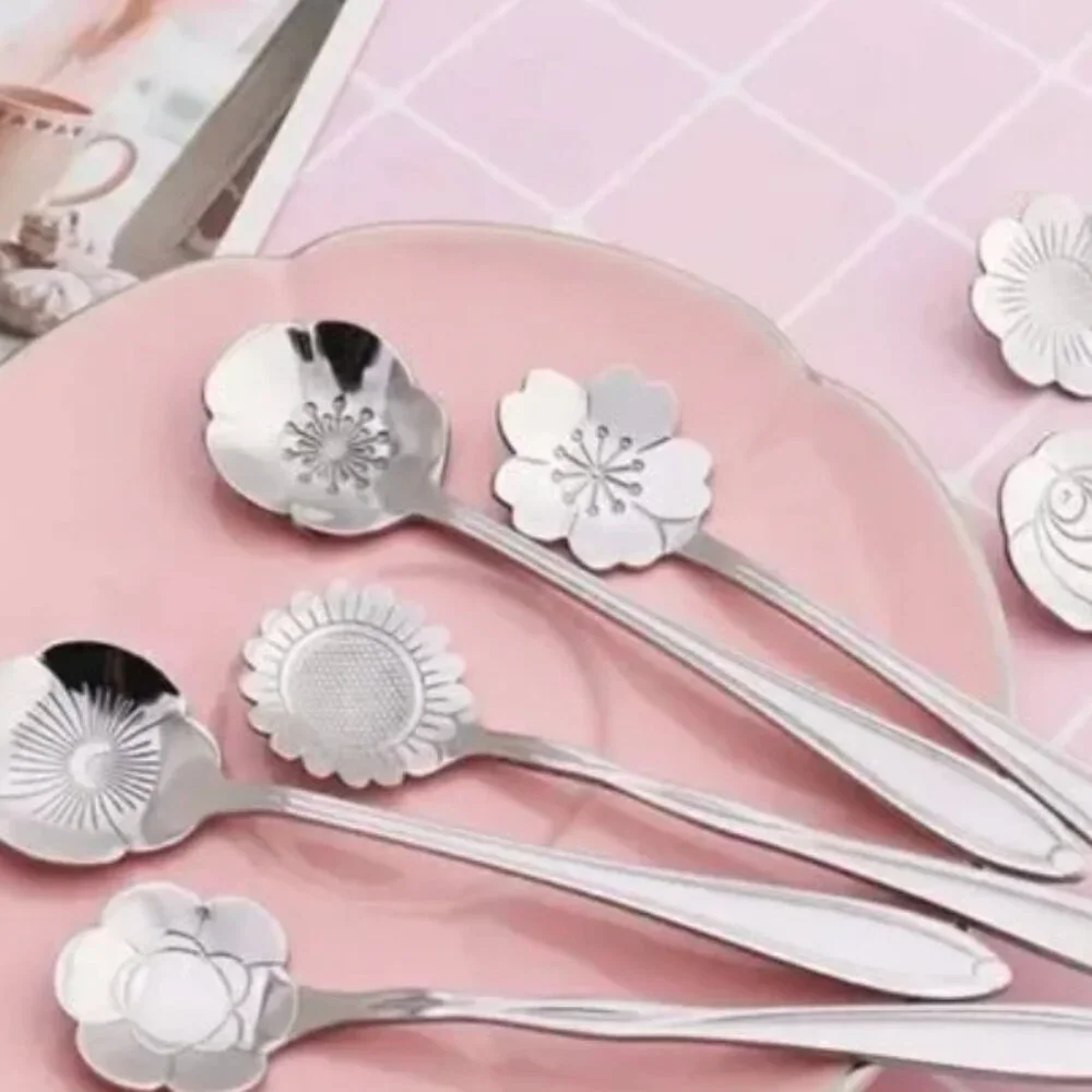 Silver Gold 8pcs Stainless Steel Flower  Spoon Set